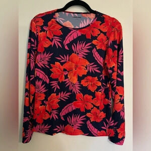 Lands'‎ End Womens Size S (6-8) Hawaiian Tropical Print Loose Fit Rashguard Navy